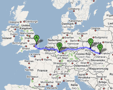 Map showing route from Koblenz to Wroclaw